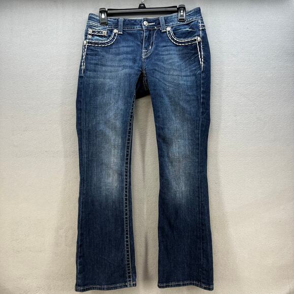 Miss Me Jeans Women's 27x31 (4) Blue Easy Boot Embellished Fleur de Lis Blingy - Picture 3 of 15